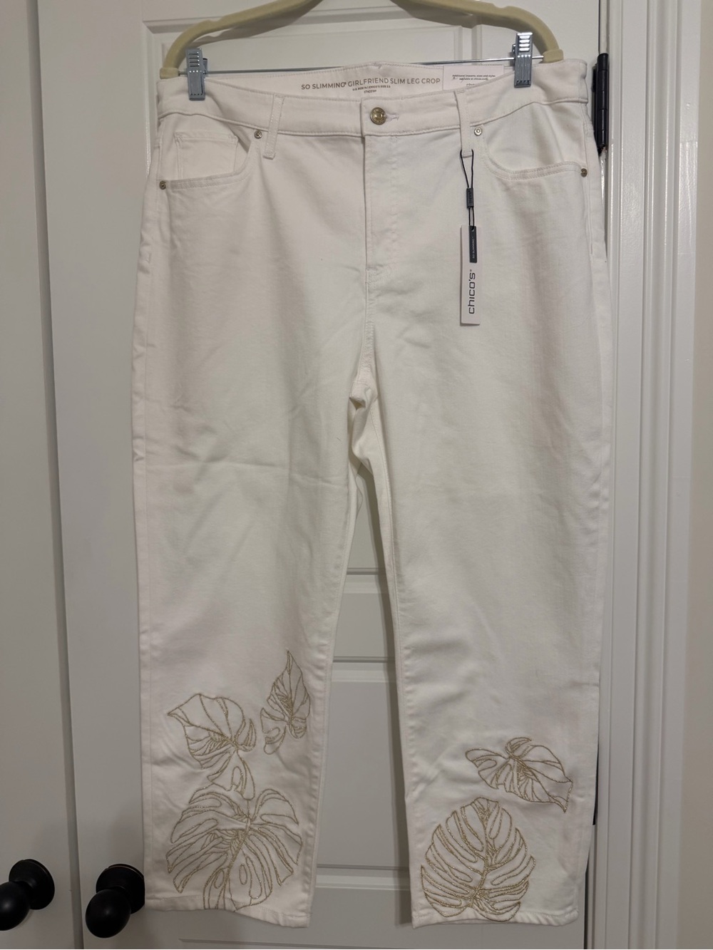 Chico's White Slim Crop Jeans with Gold Leaf Embroidery